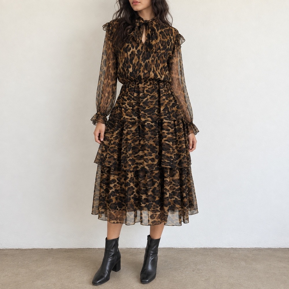 Ottod'Ame Brown Leopard Tiered Ruffle Midi Dress Size 4 Mob Wife Indie